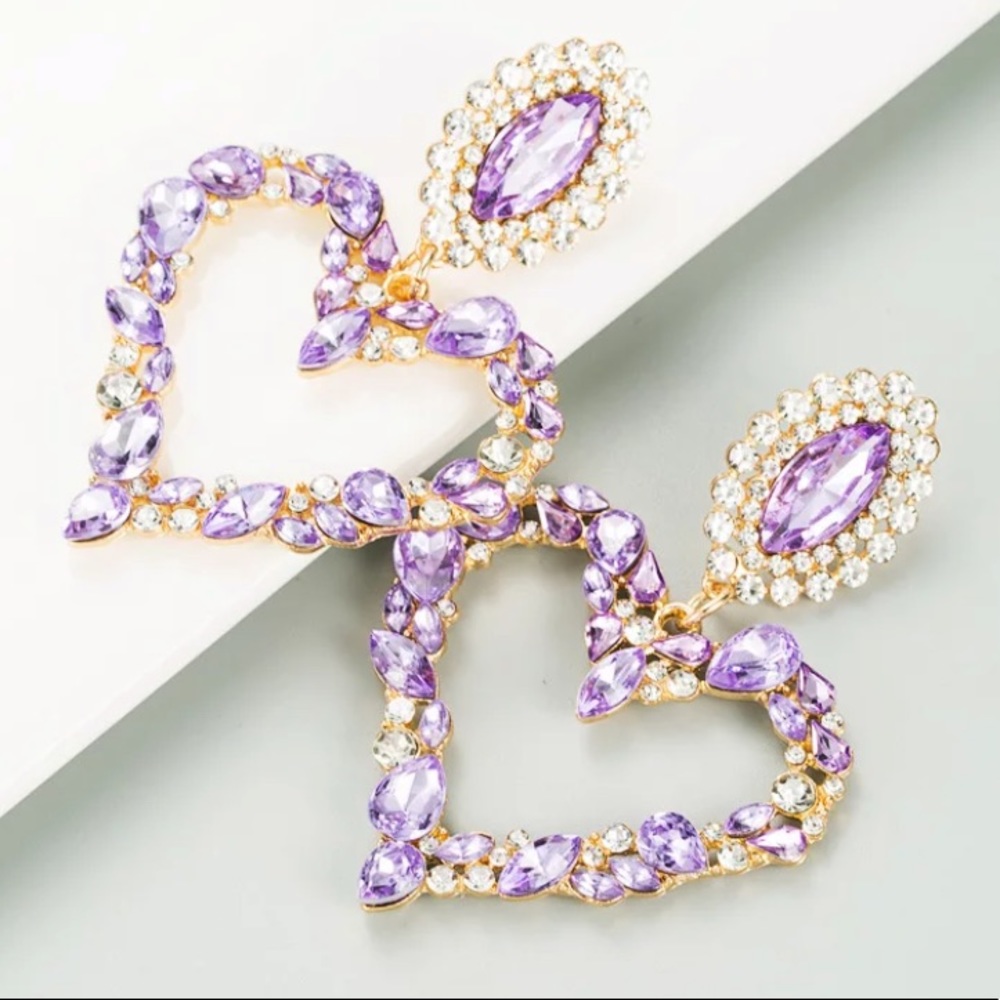 Large Heart Jeweled Drop Earrrings